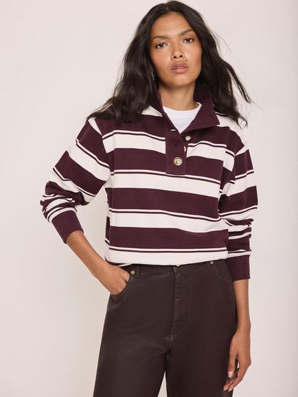 Mint Velvet Striped Cotton Funnel Neck Sweatshirt, Burgundy/White, Burgundy/White