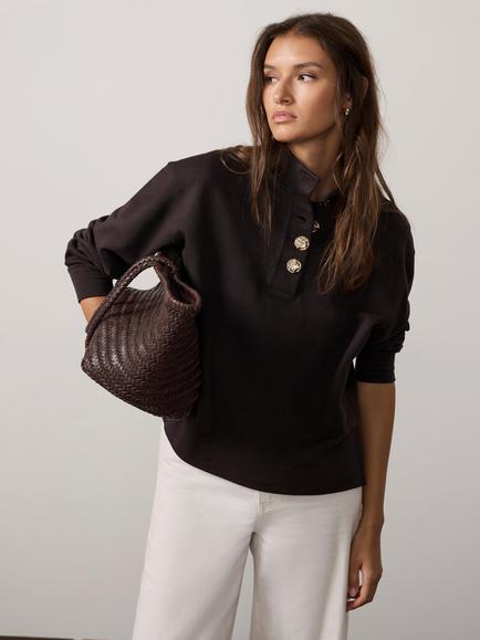 Mint Velvet Cotton Funnel Neck Sweatshirt, Brown, Brown