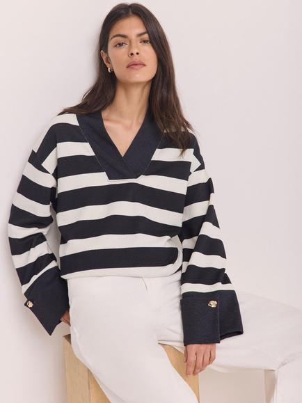 Mint Velvet Cotton Stripe V-Neck Sweatshirt, Navy/White, Navy/White