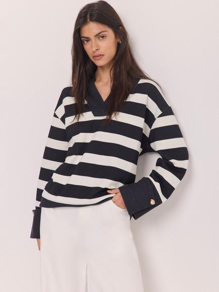 Mint Velvet Cotton Stripe V-Neck Sweatshirt, Navy/White - view 2, Navy/White
