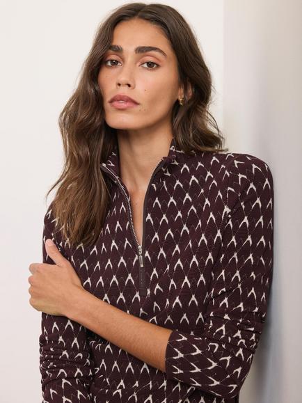 Mint Velvet Jacquard Half Zip Top, Red Burgundy - view 2, Red Burgundy