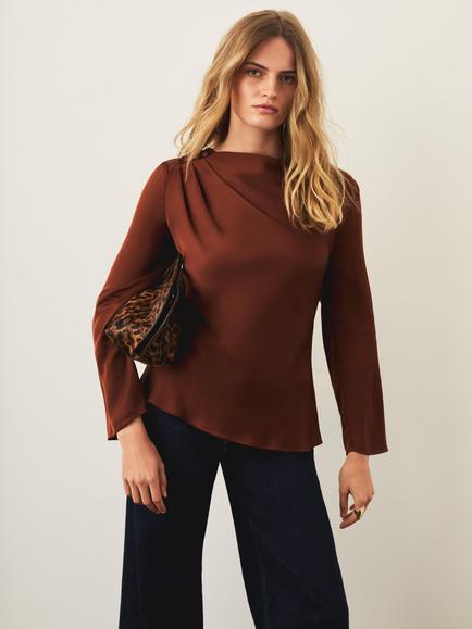 Mint Velvet Satin Drape Top, Brown, Brown