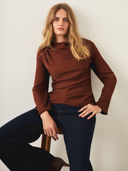 Mint Velvet Satin Drape Top, Brown - view 2, Brown