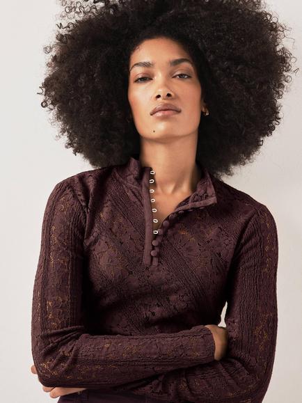 Mint Velvet Lace Button Top, Red Burgundy, Red Burgundy