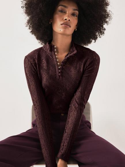 Mint Velvet Lace Button Top, Red Burgundy - view 2, Red Burgundy