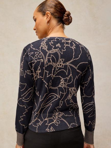 White Stuff Lois Cotton Abstract Round Neck Cardigan, Navy/Multi - view 2, Navy/Multi