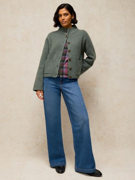 White Stuff Margot High Neck Cardigan, Dark Green, Dark Green