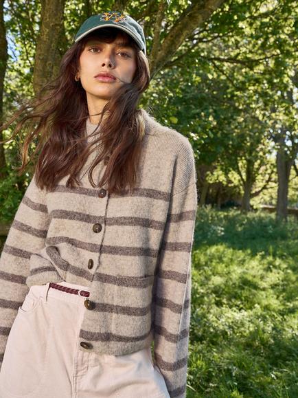 White Stuff Margot High Neck Stripe Cardigan, Natural/Multi - view 2, Natural/Multi