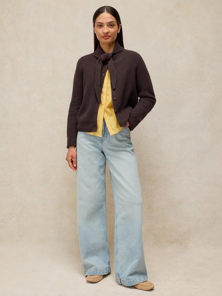 White Stuff Ribbed Tie Neck Cardigan, Dark Brown