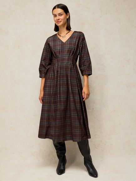 White Stuff Kate Cotton Check Midi Dress, Brown/Multi, Brown/Multi