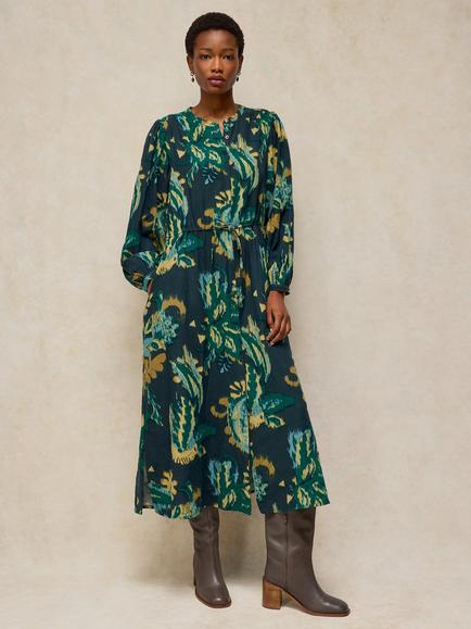 White Stuff Lana Long Sleeve Floral Midi Dress, Green, Green