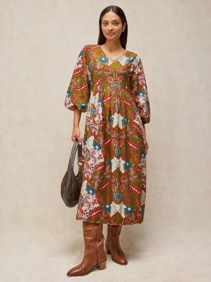 White Stuff Matilda Floral Midi Dress containing LENZING™ ECOVERO™ Viscose, Green/Multi, Green/Multi