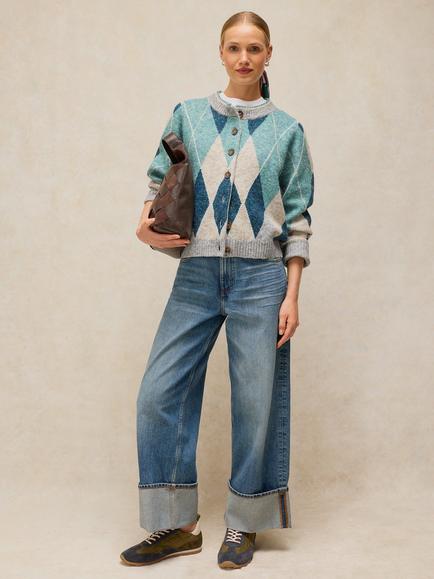 White Stuff Argyle Jacquard Crew Neck Cardigan, Blue/Multi, Blue/Multi
