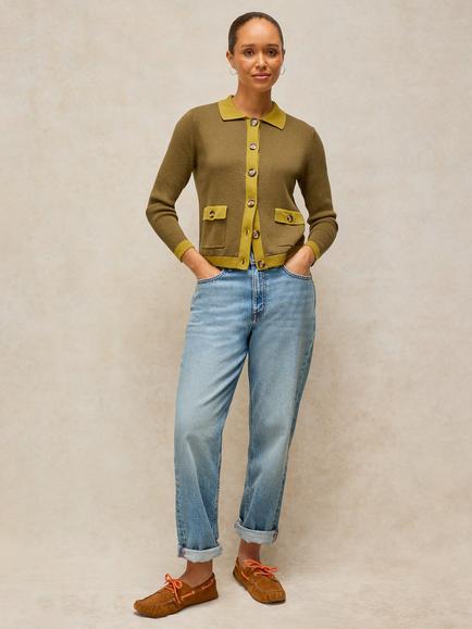 White Stufff Charlotte Cotton Contrast Cardigan, Khaki Green
