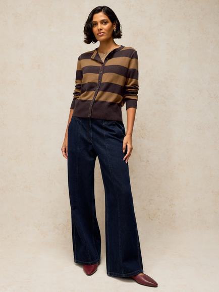 White Stuff Lois Cotton Stripe Cardigan, Brown/Multi, Brown/Multi