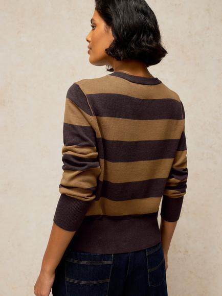 White Stuff Lois Cotton Stripe Cardigan, Brown/Multi - view 2, Brown/Multi