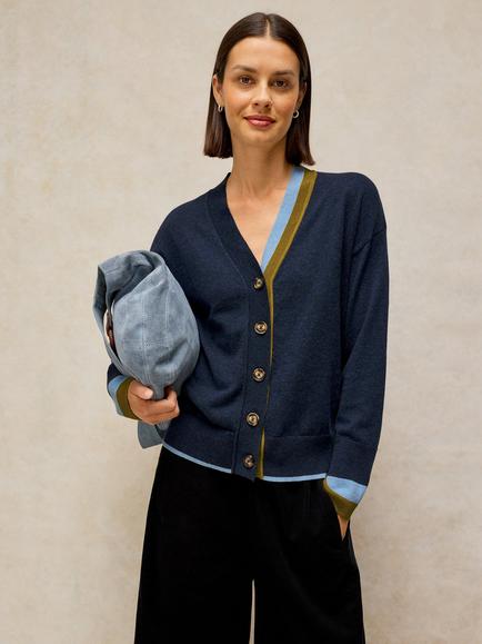 White Stuff Katie V-Neck Cardigan, Navy Multi, Navy Multi