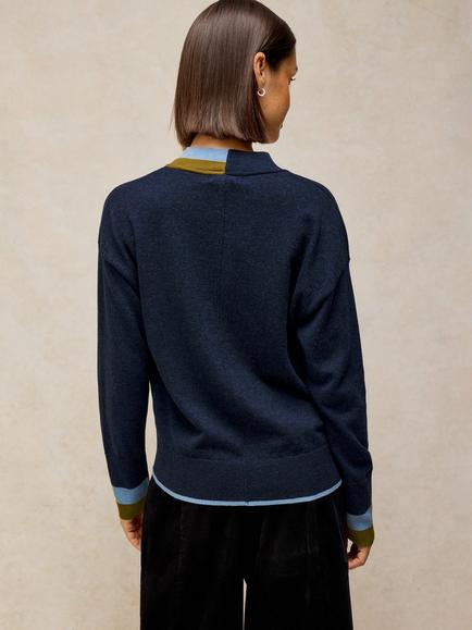 White Stuff Katie V-Neck Cardigan, Navy Multi - view 2, Navy Multi