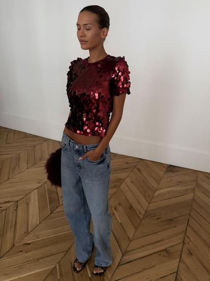 Never Fully Dressed Sequin T-Shirts, Burgundy, Burgundy