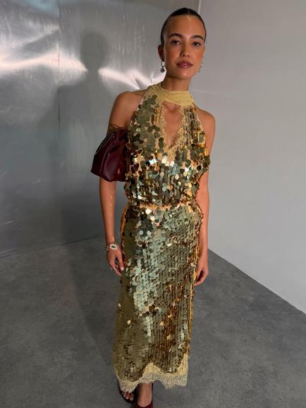 Never Fully Dressed Lace Hem Sequin Midi Skirt, Gold, Gold