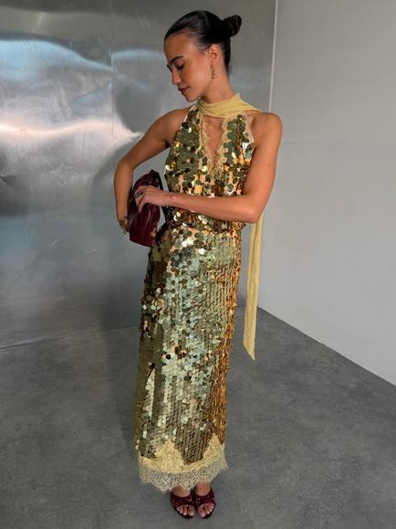 Never Fully Dressed Lace Hem Sequin Midi Skirt, Gold - view 2, Gold