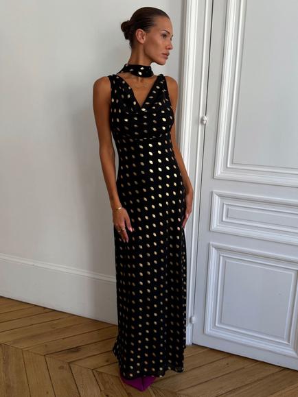 Never Fully Dressed Sophie Spot Maxi Dress, Black/Gold