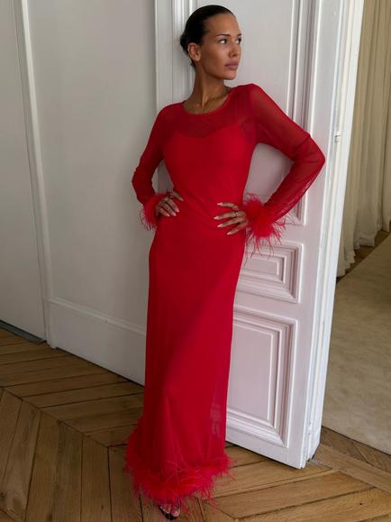 Never Fully Dressed Feather Maxi Dress, Red, Red