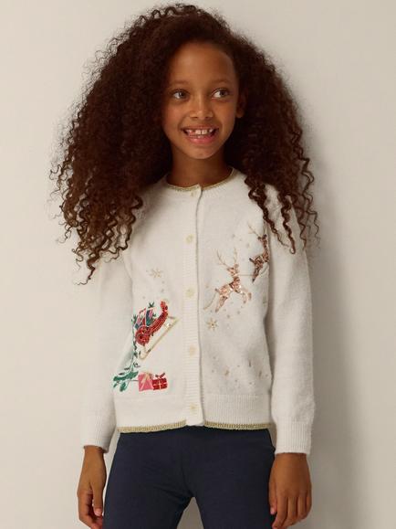 Monsoon Kids' Christmas Reindeer Cardigan, Ivory, Ivory