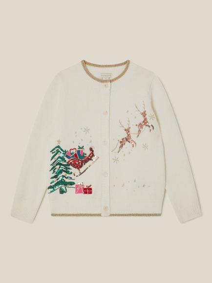 Monsoon Kids' Christmas Reindeer Cardigan, Ivory - view 2, Ivory