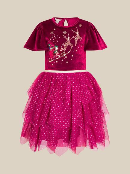 Monsoon Kids' Short Sleeve Christmas Reindeer Ruffle Skirt Dress, Burgundy, Burgundy