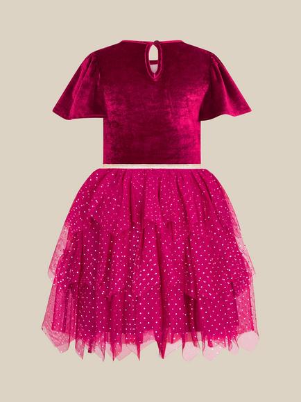 Monsoon Kids' Short Sleeve Christmas Reindeer Ruffle Skirt Dress, Burgundy - view 2, Burgundy
