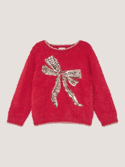 Monsoon Kids' Sequin Bow Knitted Jumper, Red, Red