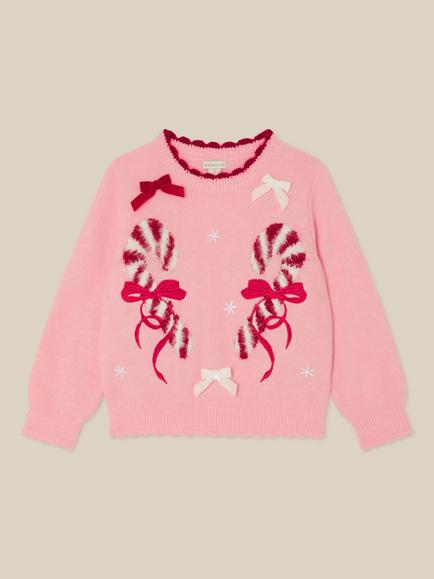 Monsoon Kids' Christmas Candy Cane Jumper, Pink, Pink
