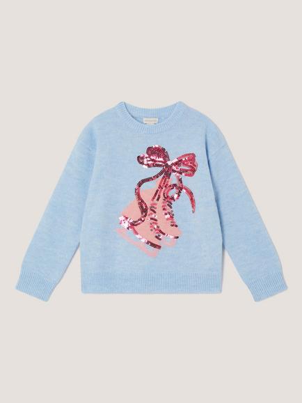 Monsoon Kids' Knitted Sequin Ice Skate Jumper, Blue, Blue