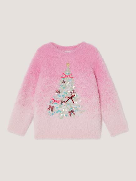 Monsoon Kids' Ombre Sequin Christmas Tree Jumper, Pink, Pink