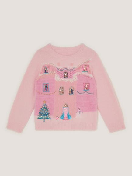 Monsoon Kids' Ombre Sequin Christmas House Jumper, Pink, Pink