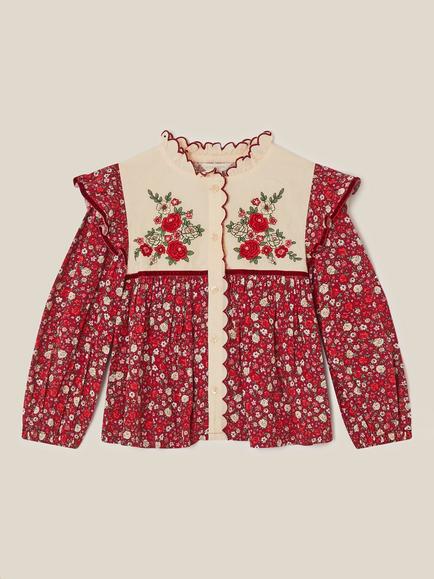 Monsoon Kids' Ditsy Floral Long Sleeve Blouse, Burgundy, Burgundy