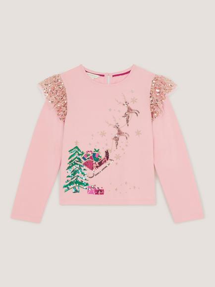 Monsoon Kids' Long Sleeve Sequin Christmas Reindeer Top, Pink, Pink