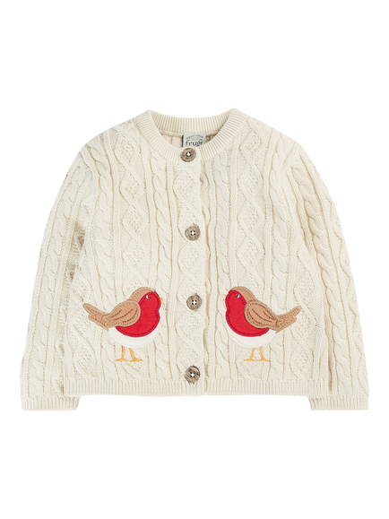 Frugi Kids' Lark Cable Knit Applique Cardigan, Natural/Robin, Natural/Robin