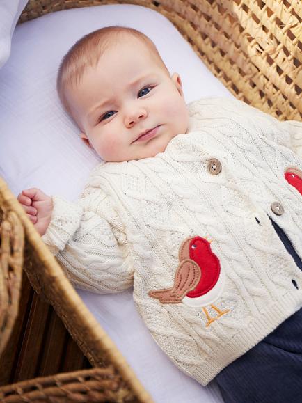 Frugi Kids' Lark Cable Knit Applique Cardigan, Natural/Robin - view 2, Natural/Robin