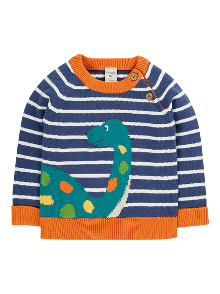 Frugi Kids' Mallory Knitted Character Jumper, Navy Stripe/Nessie, Navy Stripe/Nessie