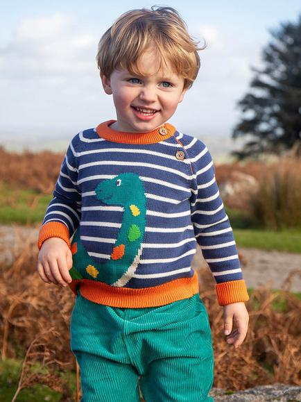 Frugi Kids' Mallory Knitted Character Jumper, Navy Stripe/Nessie - view 2, Navy Stripe/Nessie