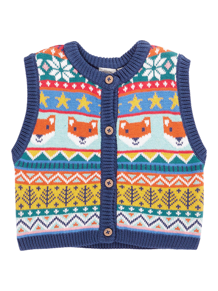 Frugi Kids' Wenn Knitted Sleeveless Waistcoat,  Fox Fair Isle, Fox Fair Isle