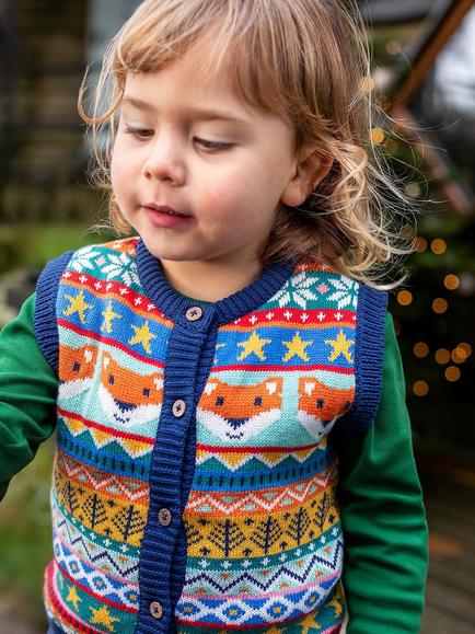Frugi Kids' Wenn Knitted Sleeveless Waistcoat,  Fox Fair Isle - view 2, Fox Fair Isle