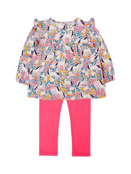 Frugi Kids' Charlotte Long Sleeve Top and Leggings Set, Rhubarb/Floralflight, Rhubarb/Floralflight
