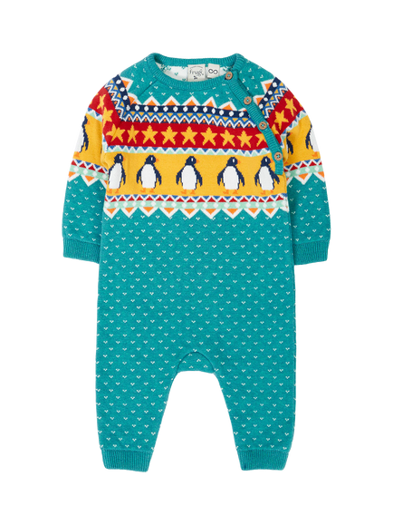 Frugi Baby Lumi Knitted Romper, Moss/Winter Homes, Moss/Winter Homes