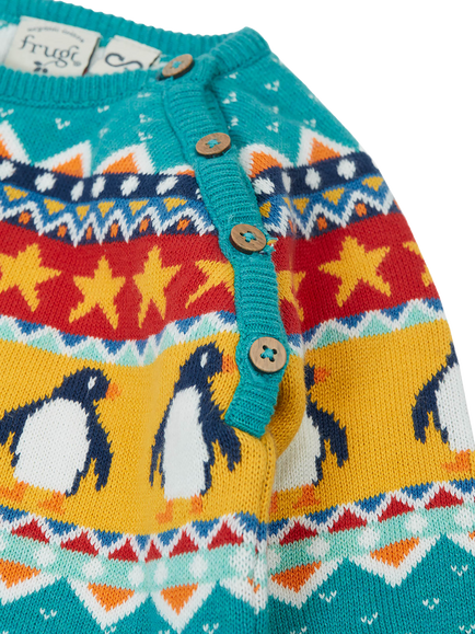 Frugi Baby Lumi Knitted Romper, Moss/Winter Homes - view 2, Moss/Winter Homes