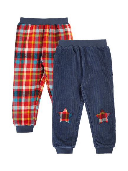Frugi Kids' Ronnie Reversible Pull Up Trousers, Navy/Festive Check, Navy/Festive Check
