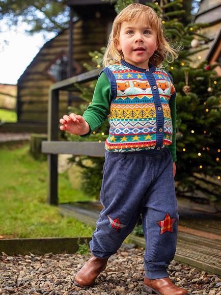 Frugi Kids' Ronnie Reversible Pull Up Trousers, Navy/Festive Check - view 2, Navy/Festive Check