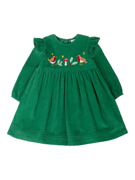 Frugi Kids' Maud Embroidered Corduroy Dress, Holly Green/Robin, Holly Green/Robin